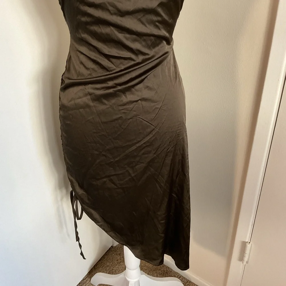 CBR Brown Satin Halter Backless Dress Side Tie Asymmetrical Medium - Picture 3 of 7